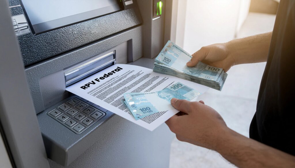 Mãos segurando dinheiro e documento RPV Federal em caixa eletrônico