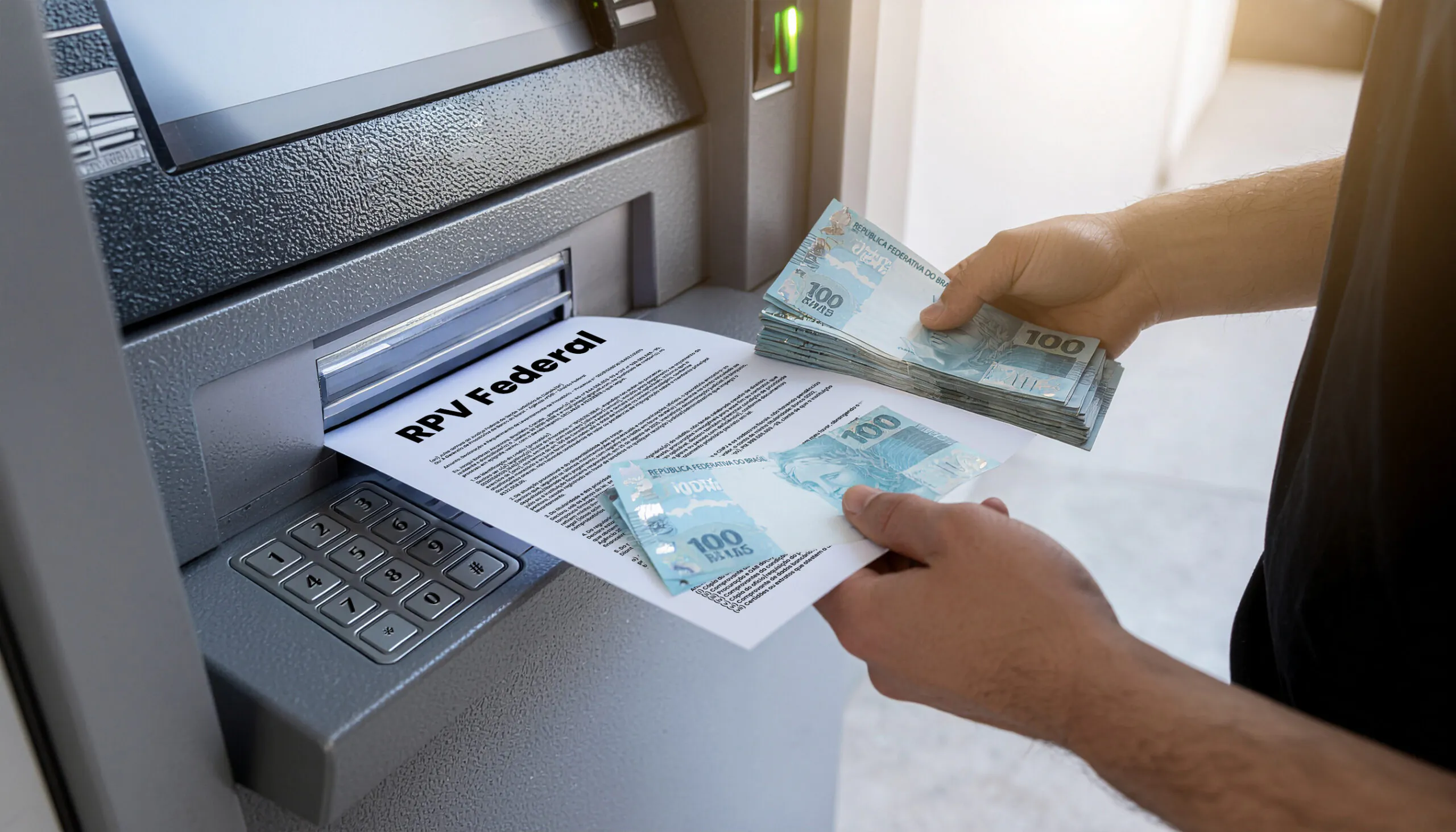 Mãos segurando dinheiro e documento RPV Federal em caixa eletrônico